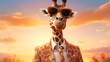 A digitally-rendered depiction of a dapper giraffe wearing fashionable glasses, standing tall and confident in a savannah landscape under the warm glow of the sun