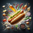 Delicious hotdog with Flying ingredients, a classic hot dog with spices on commercial banner background