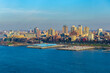 New York City skyline and Hudson River as seen from Helicopter at sunset, One World Trade Center view. Aerial view of Manhattan, Battery Park, freedom tower, Downtown, Finance center