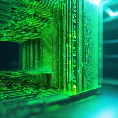 Wall Mural - ultra realistic bright photo of a very high tech 3d software code structure  lit with bright green and teal light