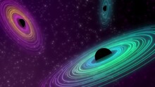 Cosmic Black Holes With Rings. Space Landscape. 4k Animation.
