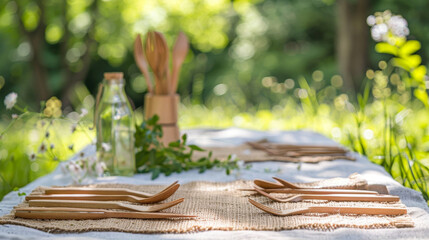 A sustainable wooden picnic cutlery set on a burlap cloth in a sunny garden.