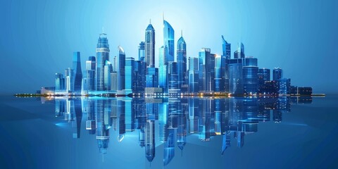 Wall Mural - Modern skyscrapers of a smart city, futuristic financial district, graphic perspective of buildings and reflections - Architectural blue background for corporate and business brochure, Generative AI