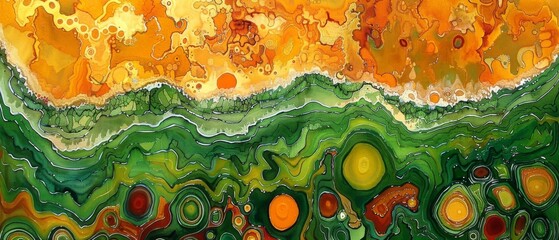 Wall Mural -  A vibrant landscape painting showcases a lush green valley, fiery orange skies, and golden yellow mountains