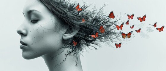 Wall Mural -  A woman, her hair billowing in the breeze, graced by a flock of red butterflies amidst a serene white backdrop