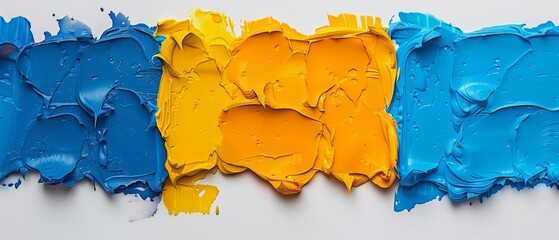 Wall Mural -  A macro shot of pigment on a white canvas with both colors covered in blue and yellow