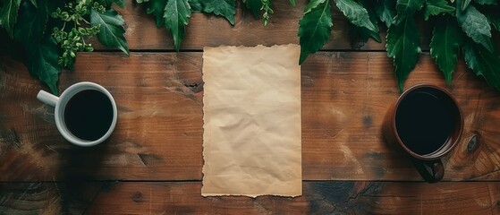  A sheet of paper resting atop a wooden desk near two cups of joe and a greenhouse