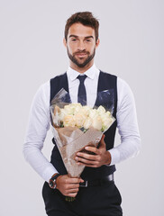 Sticker - Man, studio and portrait in suit with flowers, Valentines day date with smile for happiness. Celebration, natural rose bouquet and gratitude and classy male person, black tie clothes with plant