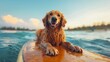 Golden retriever on a surfboard, early morning light, low angle, vibrant colors