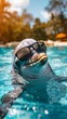 Happy aquatic animals at sundrenched pool soiree, dolphin with sunglasses prominent, vibrant colors, low angle