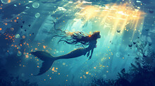 Beautiful Mermaid Swimming Under Water With Light 