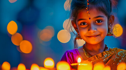 Wall Mural - Indian little girl celebrating Diwali festival.