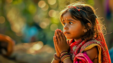 Wall Mural - Indian little girl praying or namaste gesture.