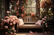 Interior design wooden bench surrounding with roses