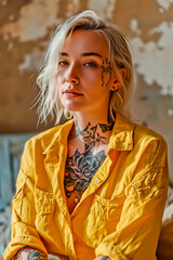 Wall Mural - Blonde woman with tattoos and yellow shirt on posing for picture.