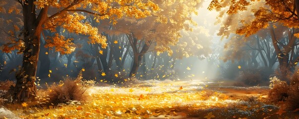 Wall Mural - Enchanting Autumn Woodland Fairytale with Golden Leaves and Glowing Sunlight