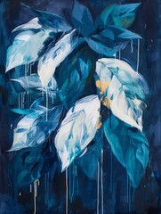 Wall Mural - An abstract painting featuring blue leaves on a stark black background