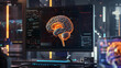 Creative illustration of MRI brain scan displayed on a high-tech monitor, without annotations and digital markers highlighting red color the epilepsy characteristics.
