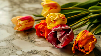 Wall Mural - Tulips on a color background with copy space.