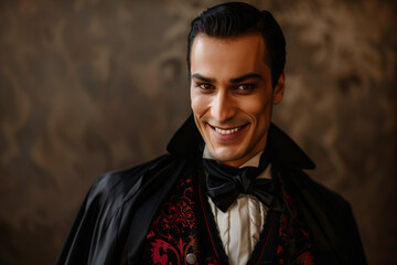 Dracula dashing and handsome, gentleman vampire with a beautiful smile ready to hunt his prey for Halloween