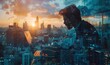 © Lifetouch AI - Portrait of a businessman working on a laptop computer at office with transparency letting see a modern city landscape with buildings and skyscrapers, Generative AI