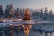  Christmas Tree magically reflects in the small frozen lake and is surrounded by snow covered pine trees. 