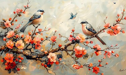 Wall Mural - strokes of a Chinese brush painting, a painting with a tree with beautiful flowers and birds, gains, colorful