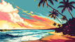 Tropical beach with palm trees and sunset, vector illustration.