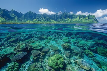 Wall Mural - Underwater View of Coral Reef With Mountains in Background