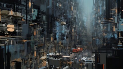Poster - in a bustling cityscape with non-deformed humans, neon lights illuminate the streets as diverse crow