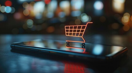 Poster - A smartphone displaying a shopping cart icon, perfect for e-commerce concepts