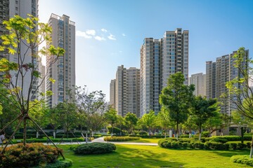 Poster - A park in a city with tall buildings in the background. Suitable for urban lifestyle concepts