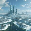 Imagine a cityscape reshaped by significant ice melt and rising sea levels Show futuristic transportation networks, sustainable energy sources, and green infrastructure symbolizing humanitys ability t