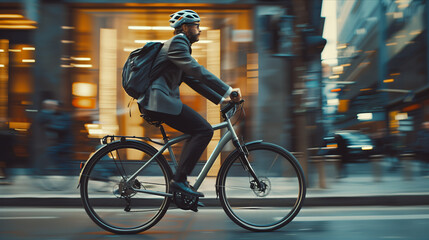 Wall Mural - Selective focus of Male businessman riding a bicycle in the city.