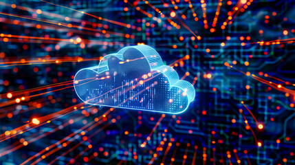 Poster - Cloud technology and digital networking concept, illustrating the global reach and efficiency of modern communication and data storage solutions