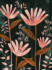 Wall Mural - A painting featuring pink flowers set against a striking black background, showcasing delicate petals and stems in vibrant hues