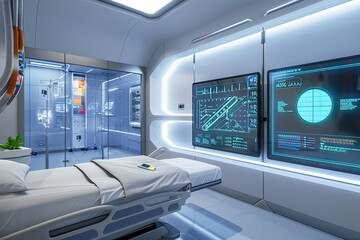 Wall Mural - A futuristic hospital room with a computer screen displaying intricate medical data