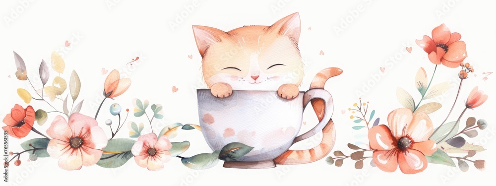 Cute cartoon kitten sitting in a tea cup with flowers. Funny cat ...