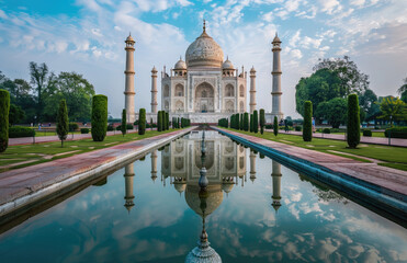 the Taj Mahal at dawn, reflecting in its tranquil pool with clear blue skies above. The iconic white marble structure stands tall against the backdrop of lush green gardens and ancient architecture