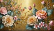 a breathtaking 3D mural illustration of vibrant flowers blooming against a resplendent golden background, meticulously rendered with intricate details and lifelike textures, transforming any wall into