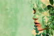 Woman with leaves and flowers on her face, floral collage. Skin care, herbal beauty products and wellness concept
