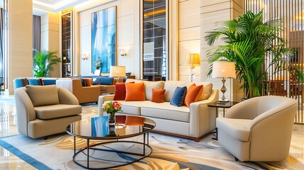 Wall Mural - Luxurious Modern Interior Elegant Furniture and Stylish Decor in a Bright Contemporary Hotel Lobby. Generative Ai