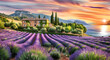 French lavender flowers field, traditional house and mountains at sunset.
