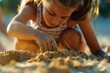 A close-up image capturing the innocence and joy of a child playing with sand, building sandcastles on a bright sunny beach