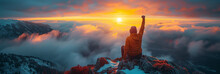 Victorious Hiker At Sunrise On Mountain Peak