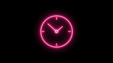 Abstract Bright Neon Clock Black Background. Clock Icon ,clock Isolated Rotted 24 Hour Fast Speed. Clock, Any Time Neon Sign.