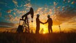© Anastasiia - Energy Industry Partnership, Silhouette of two engineers shaking hands in the field with an oil pump jack against a vibrant sunset, symbolizing partnership in the energy industry