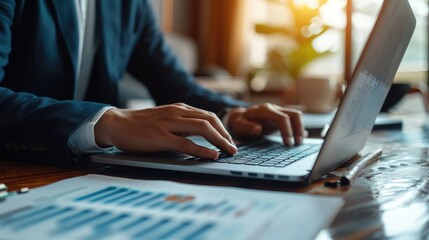 Professional at Work on Laptop, Close-up of a businessman's hands typing on a laptop, with graphs on the screen, symbolizing focused data analysis and corporate work