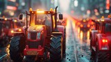 Fototapeta  - Urban Tractor Protest, line of tractors stands bold and red in a city street at twilight, capturing a protest that turns the urban scene into a striking tableau of agricultural activism