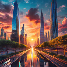 Sunset Reflections In A Futuristic Cityscape